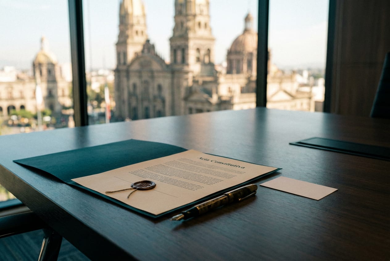 Acta constitutiva con sello y pluma en una sala de juntas con vista de Guadalajara: constituir una empresa