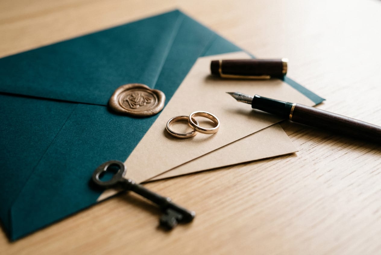 Anillos de boda sobre un contrato de donación con sello notarial: donaciones en sociedad conyugal