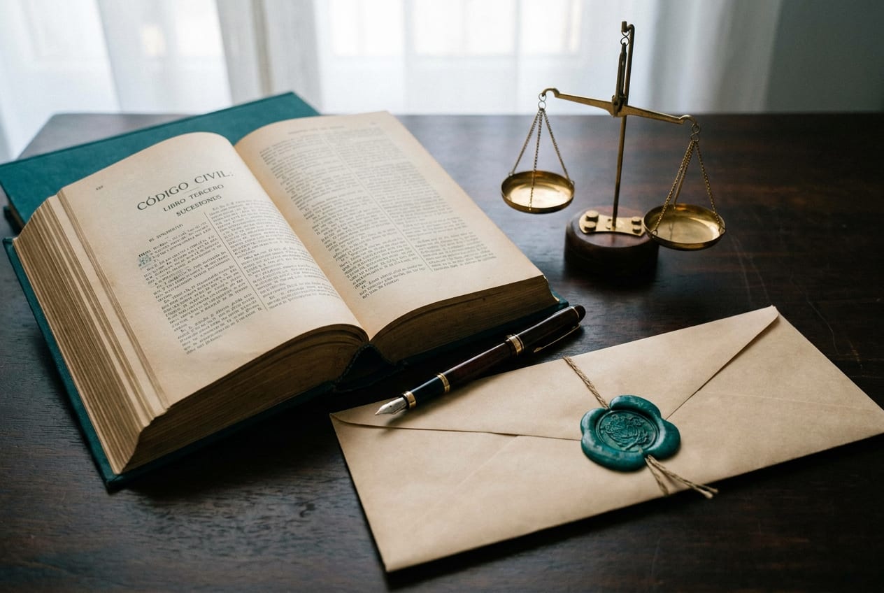 Libro de derecho civil abierto junto a un testamento con sello de lacre, pluma y balanza: guía de sucesiones y testamentos en México