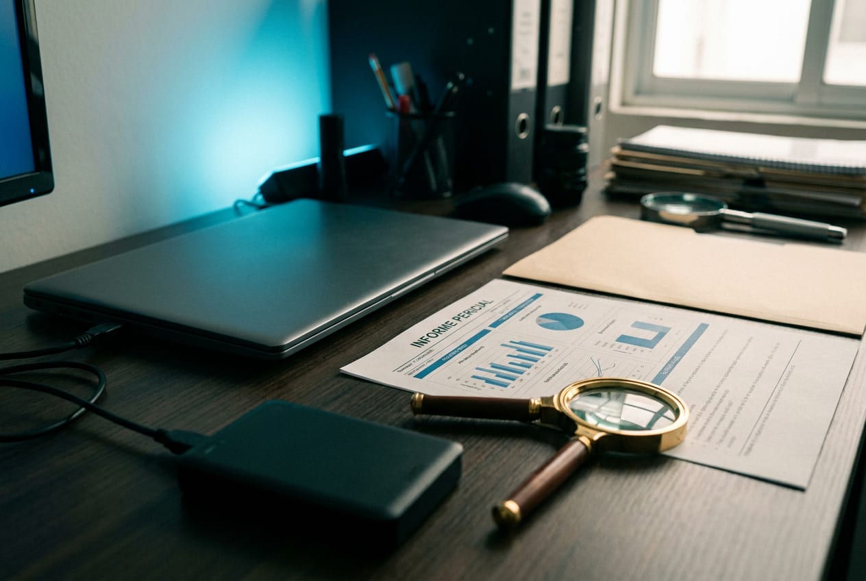 Laptop, informe pericial con gráficas y lupa sobre un escritorio: dictamen pericial en informática en juicios por transferencias no reconocidas