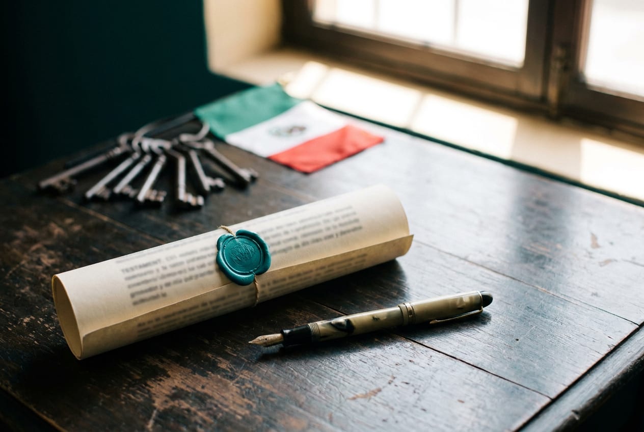 Testamento con sello notarial, pluma y llaves de una casa sobre un escritorio de notaría en Jalisco durante el Mes del Testamento