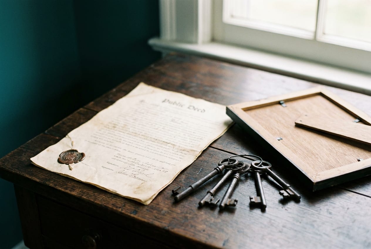 Escritura pública con sello notarial y llaves de una casa: escriturar una casa o terreno cuando el dueño murió